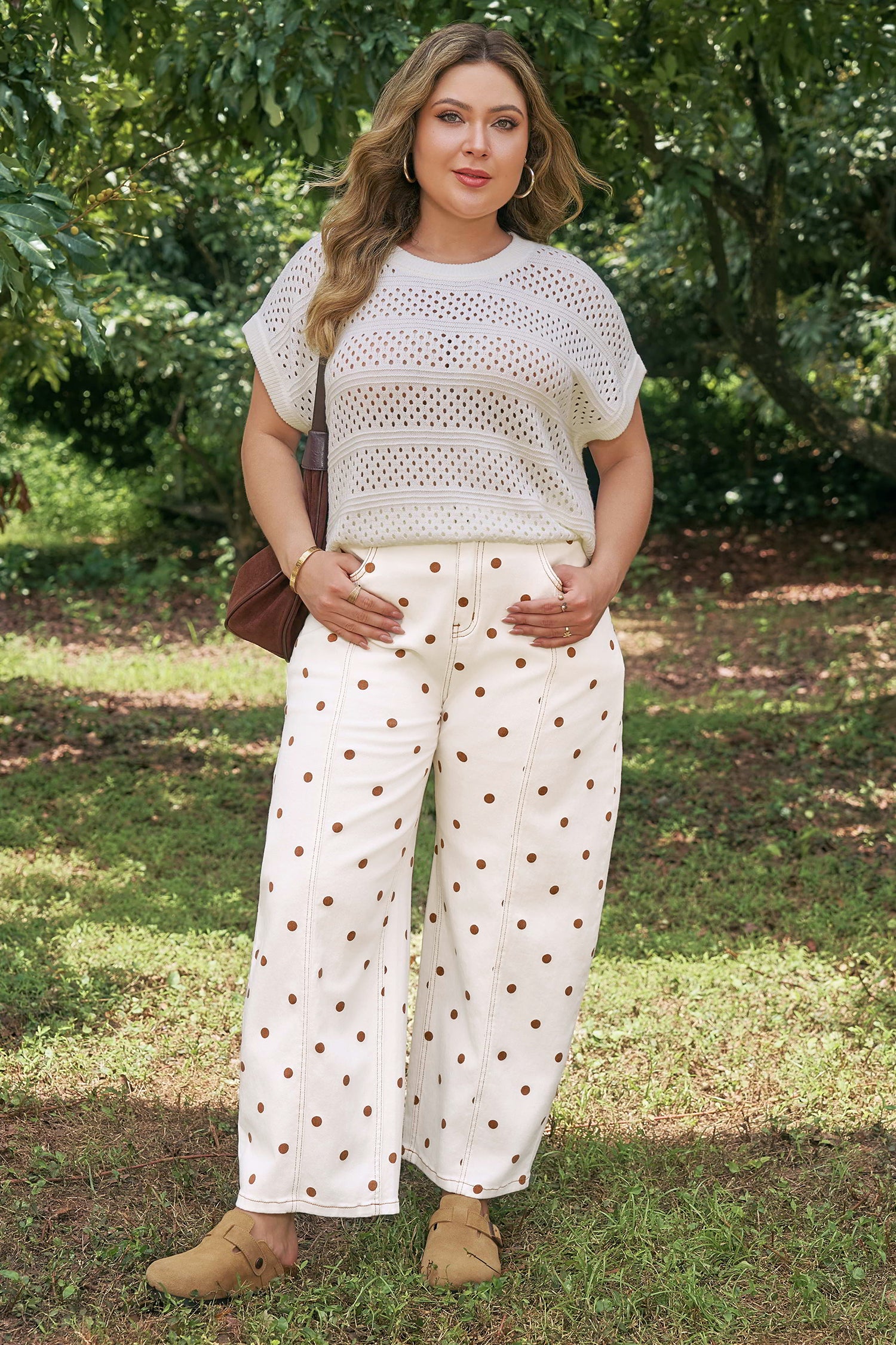 Polka Dot Print Plus Size Barrel Jeans – Beige