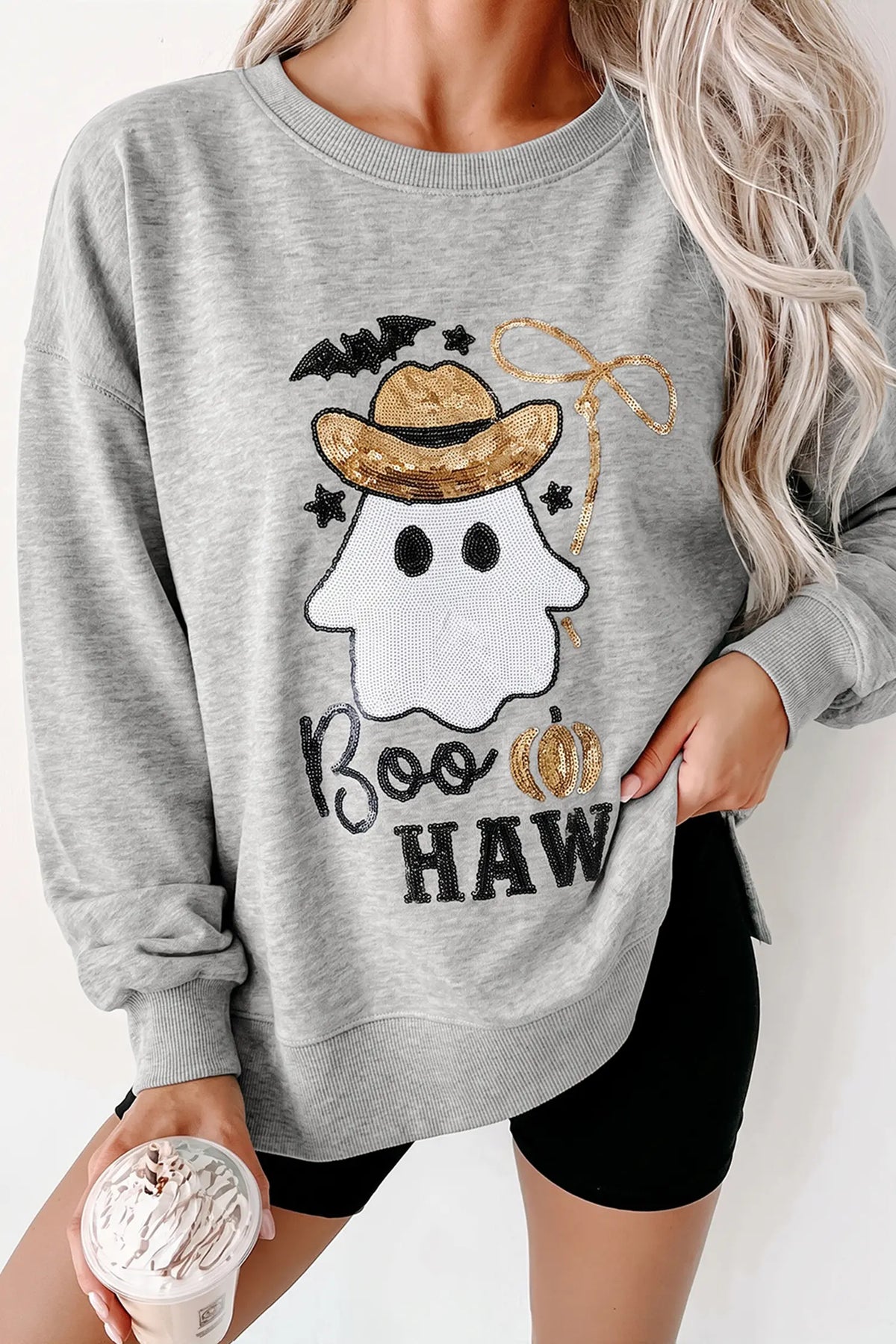 Sequin Western Ghost Print Long Sleeve Round Neck Sweatshirt – Medium Grey