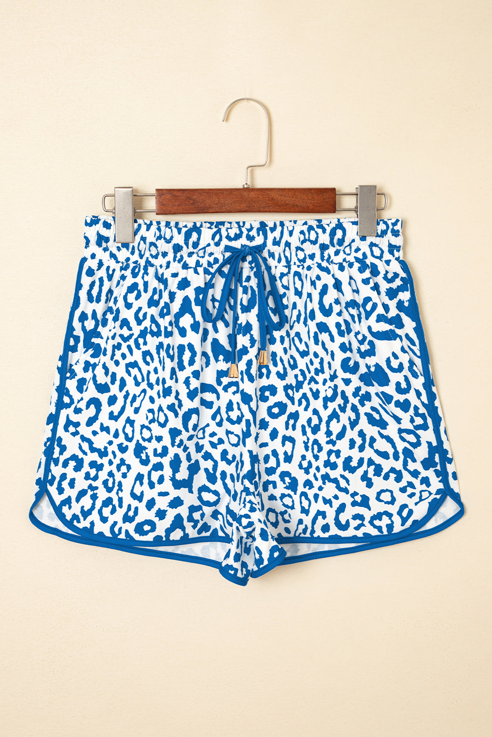 Blue Leopard Elastic Waist Lace up Contrast Trim Casual Shorts eAura