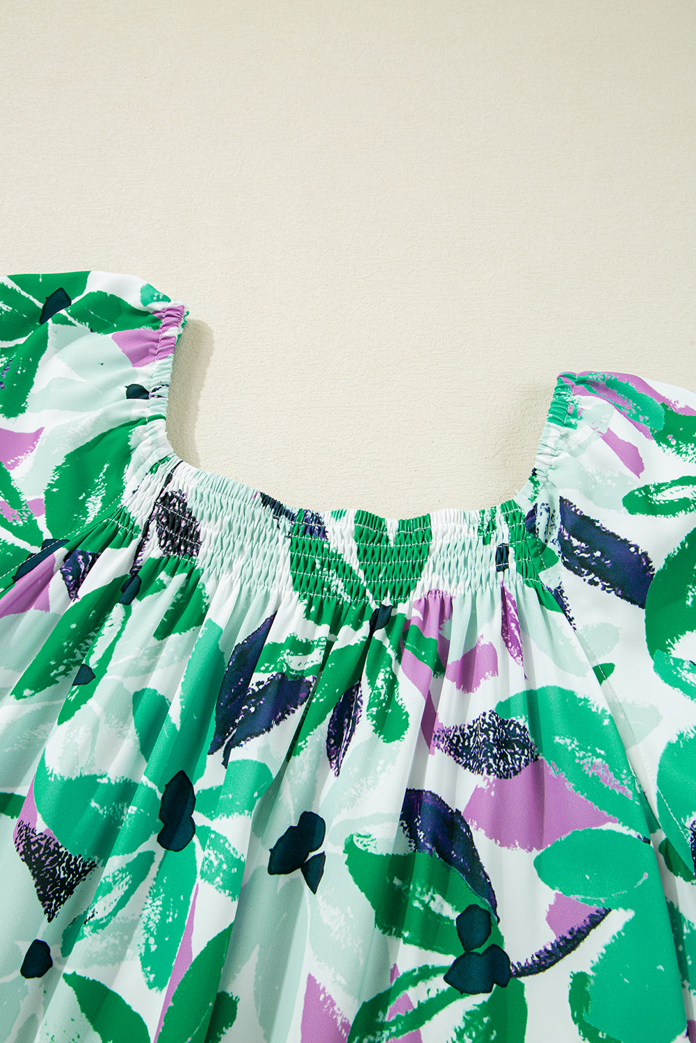 Green Floral Print Shirred Square Neck Loose Fit Mini Dress eAura