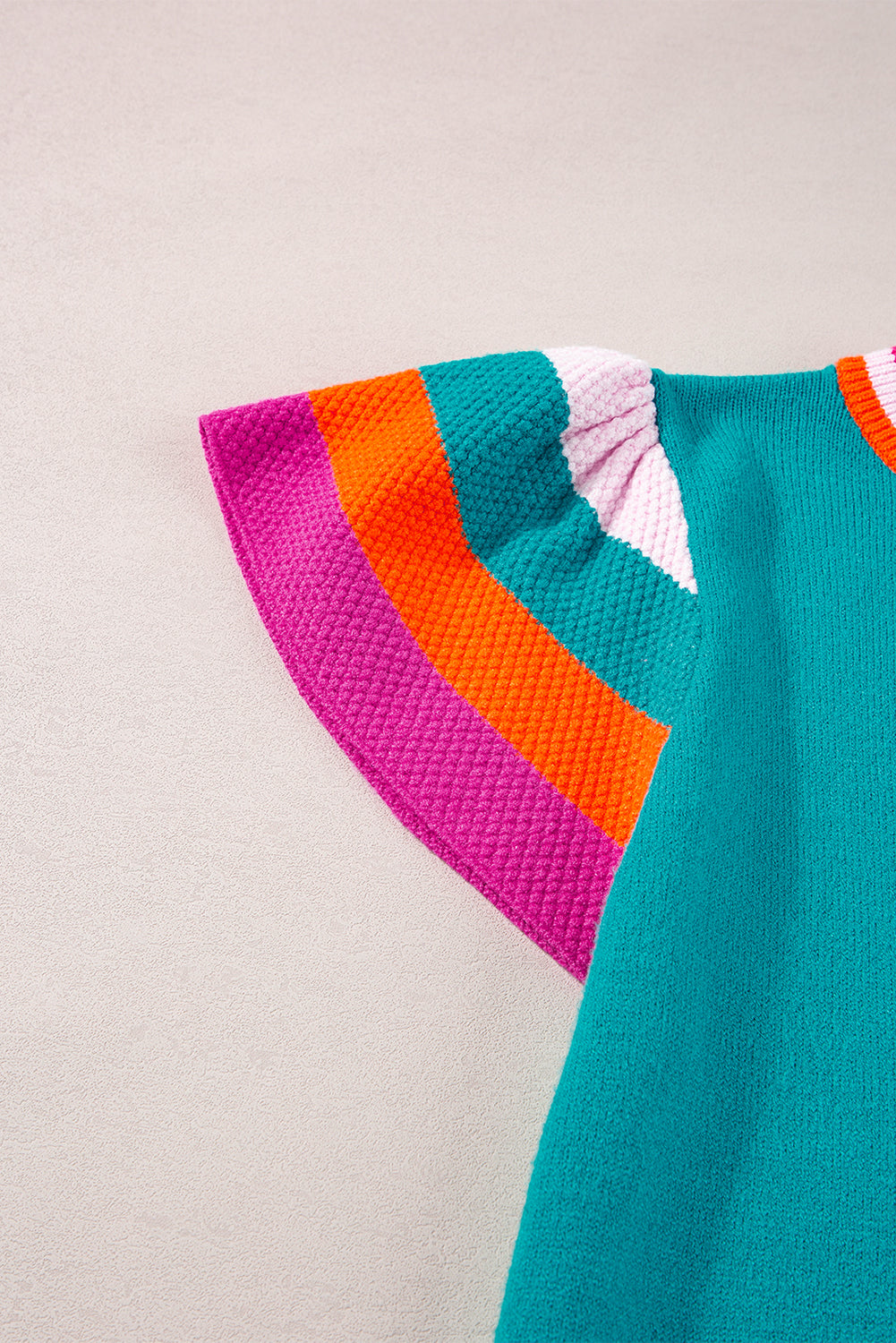 Turquoise Contrast Flutter Sleeves Knitted Sweater T Shirt eAura