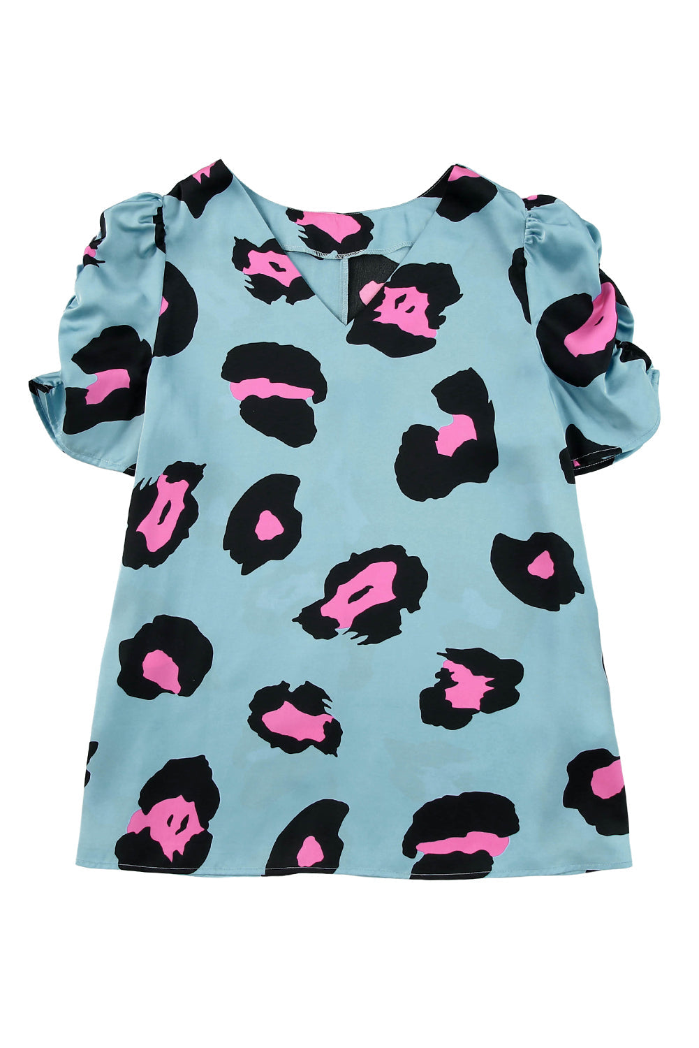 Sky Blue Ruched Short Sleeve Leopard Print Blouse eAura