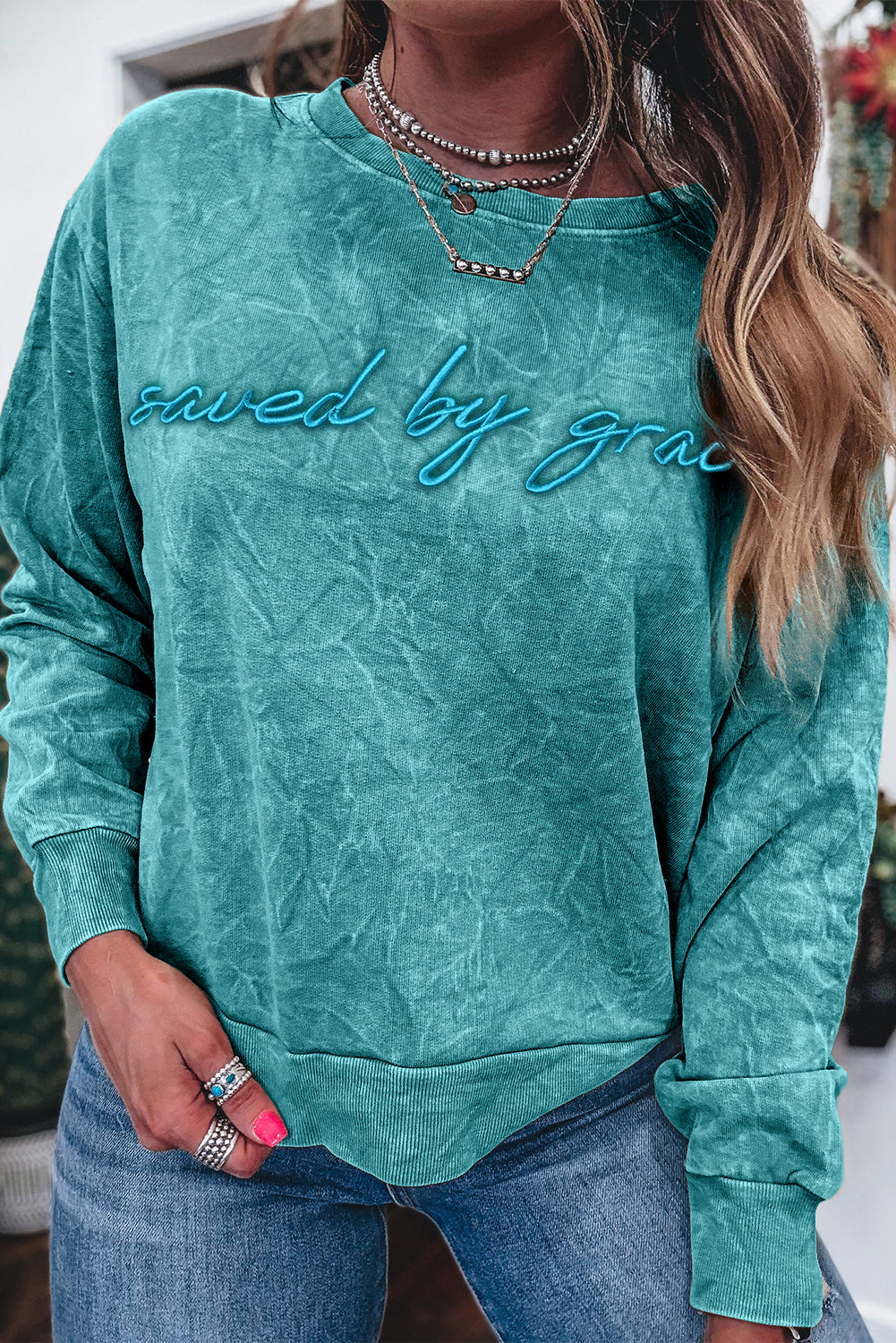 'Saved By Grace' Embroidered Mineral Wash Sweatshirt