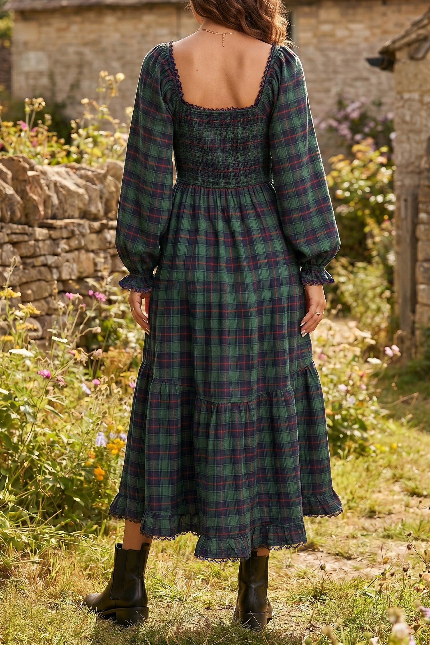 Vintage Plaid Square Neck Lace Trim Long Sleeve Shift Dress – Green