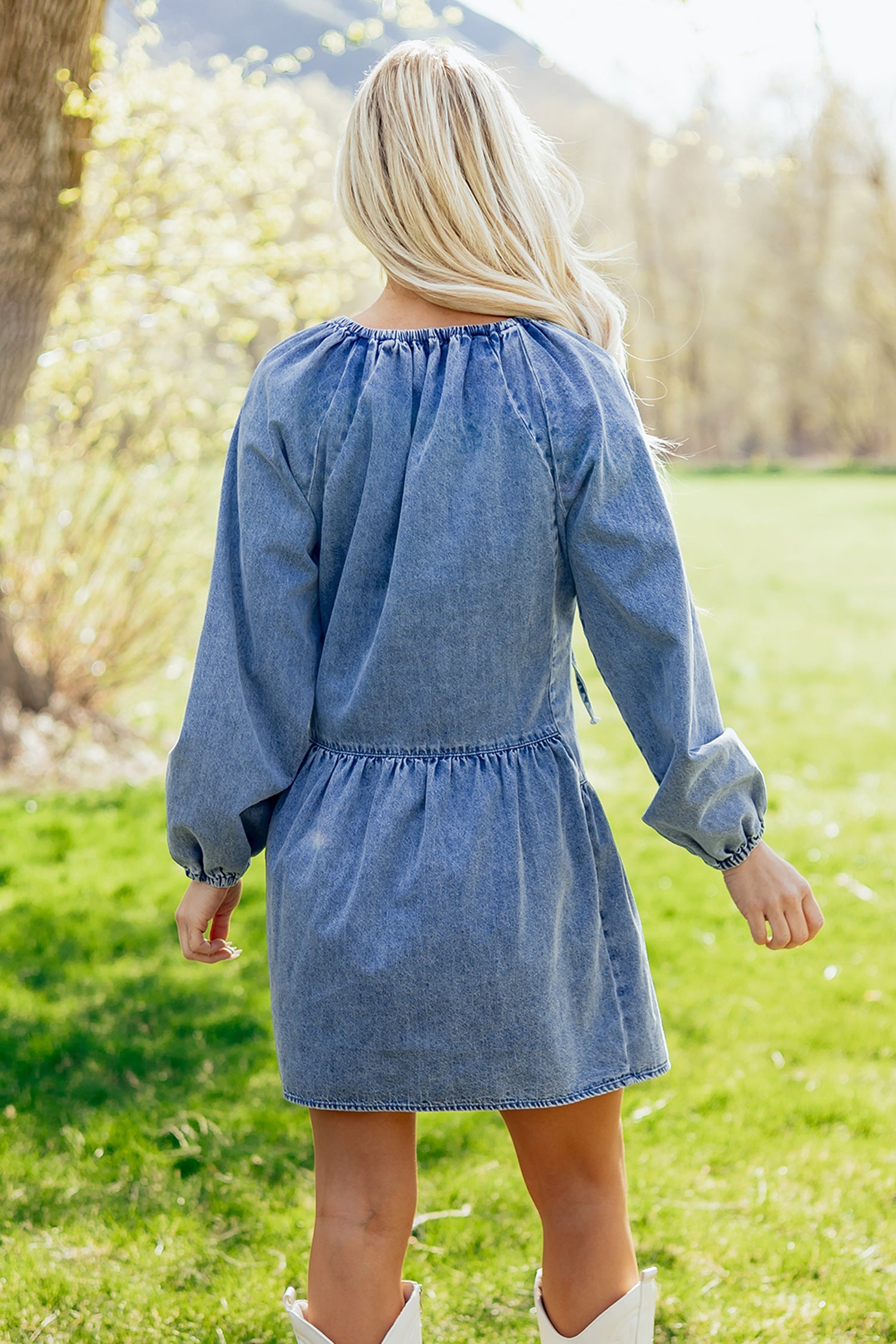 Puff Sleeve Ruffled Denim Mini Dress – Blue