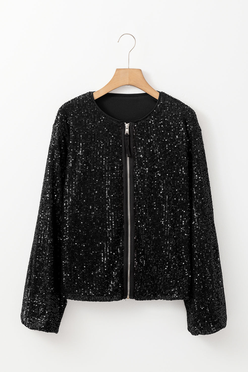 Apricot Sequin Zip up Round Neck Long Sleeve Jacket eAura