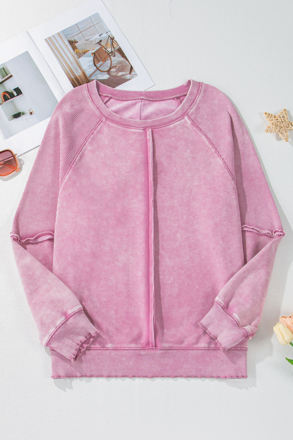 Black Solid Waffle Knit Patchwork Raglan Sleeve Sweatshirt Dear-Lover Dropshipping