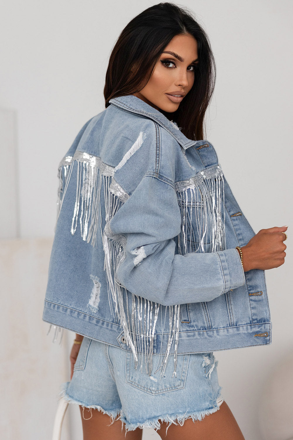 Sky Blue Sequin Embellished Fringe Distressed Denim Jacket Beagle Boutique Fashion Outlet