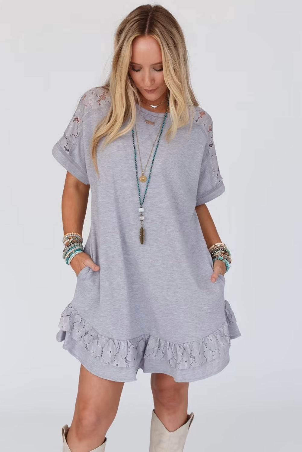 Light Grey Lace Floral Patchwork Ruffled T-shirt Dress eAura
