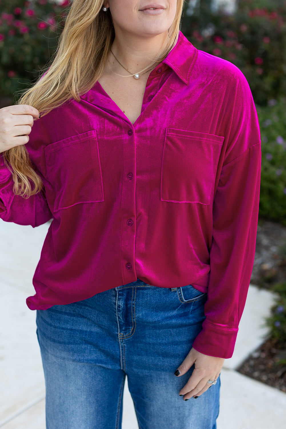 Bright Pink Plus Size Velvet Chest Pocket Drop Shoulder Shirt Beagle Boutique Fashion Outlet