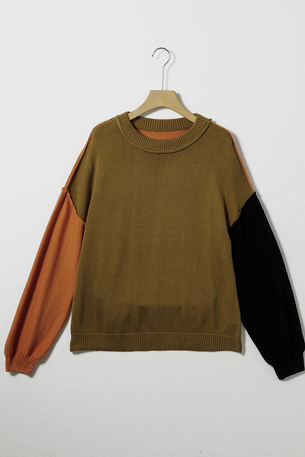 Pink Colourblock Bishop Sleeve Ribbed Trim Sweater eAura