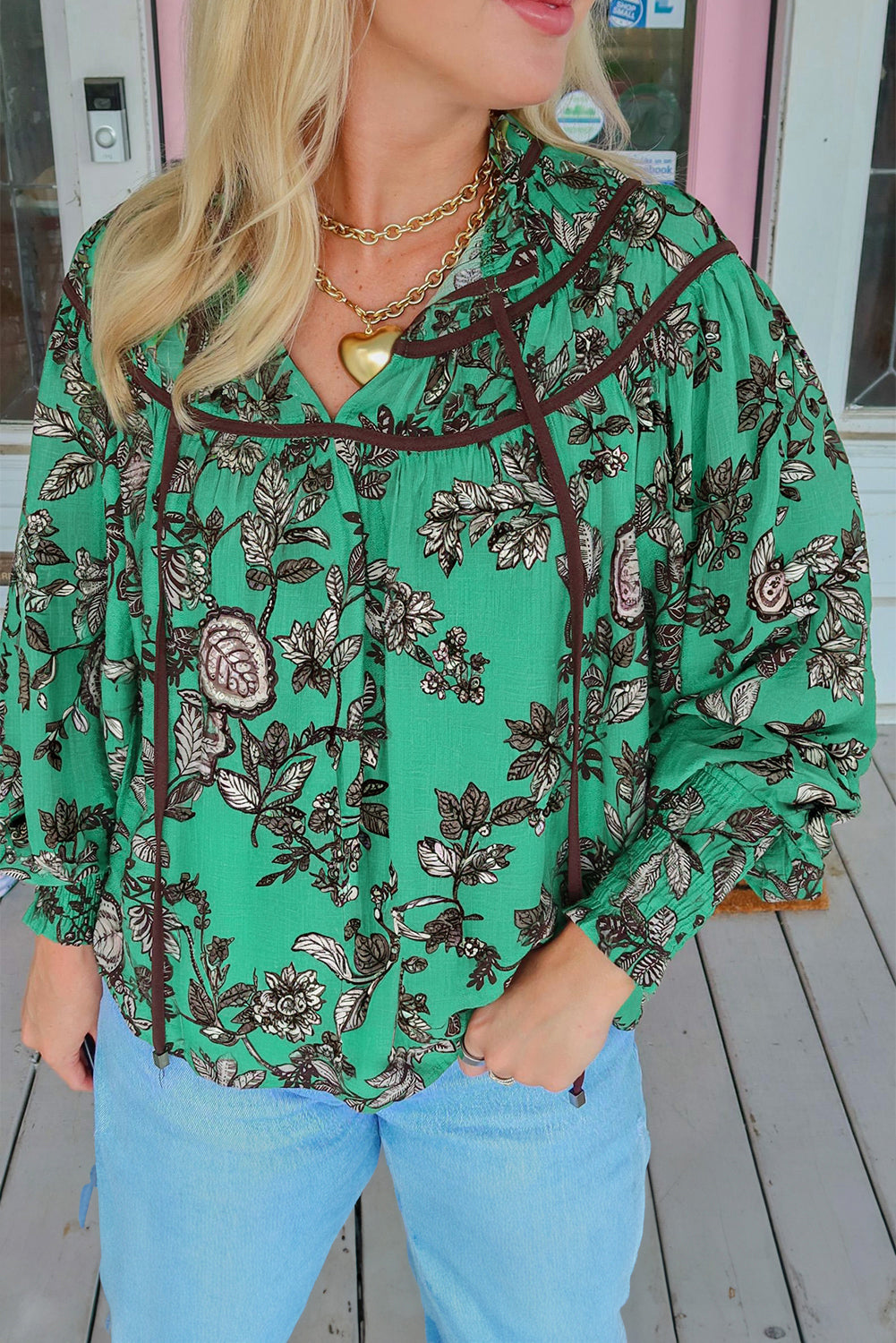 Leaf Print Contrast Trim V-Neck Shirred Puff Sleeve Blouse - eAura