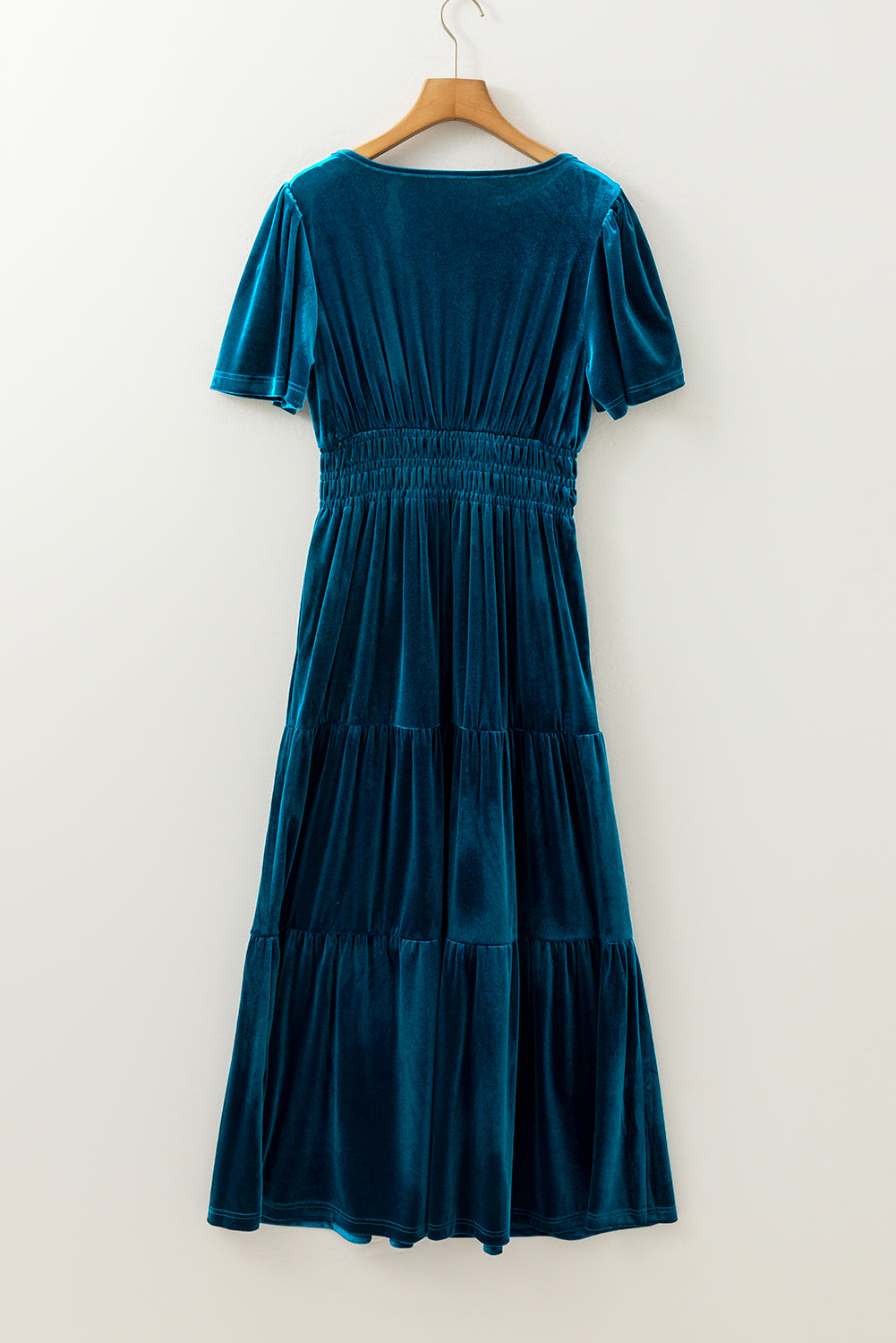 Prussian Blue Velvet Short Sleeve Shirred Waist Tiered Maxi Dress BB Fashion Outlet