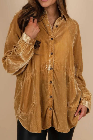 Gold Solid Color Button Up Loose Fit Velvet Shirt BB Fashion Outlet
