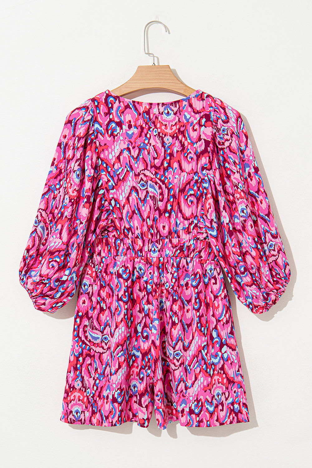Pink Abstract Print Puff Sleeve V Neck High Waist Romper eAura
