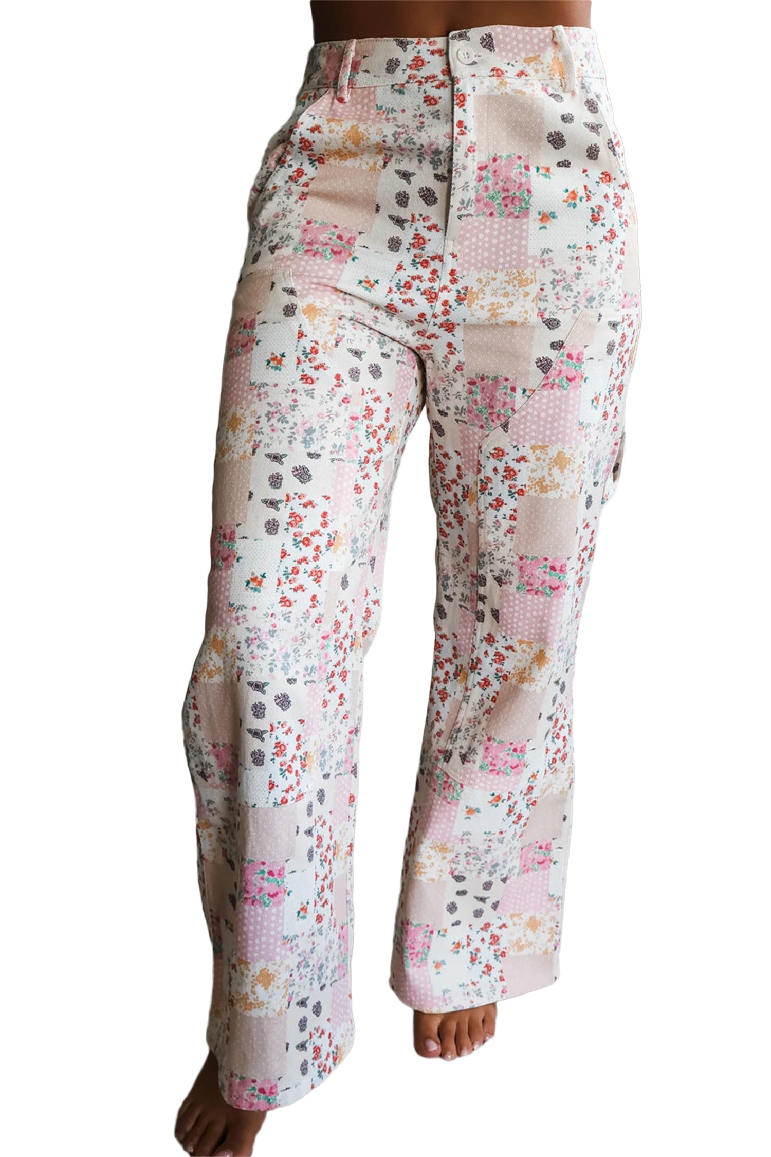 Floral Patchwork Wide Leg Full Length Jeans – Pink