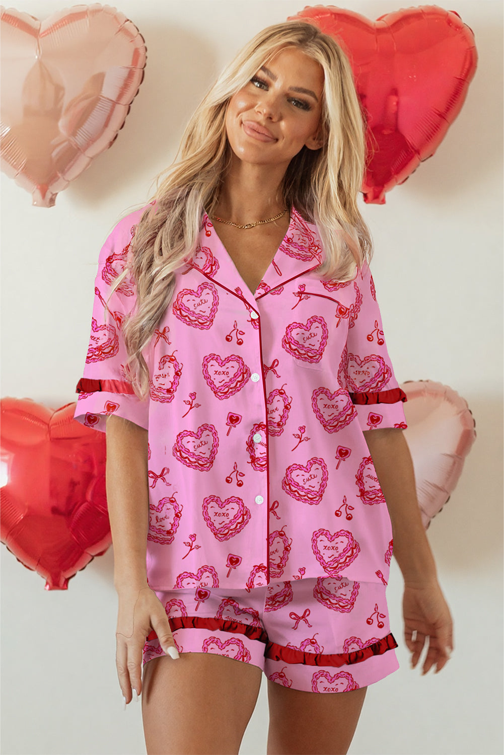 Pink Sweet Heart Cake Print Ruffle Trim Pyjama Set