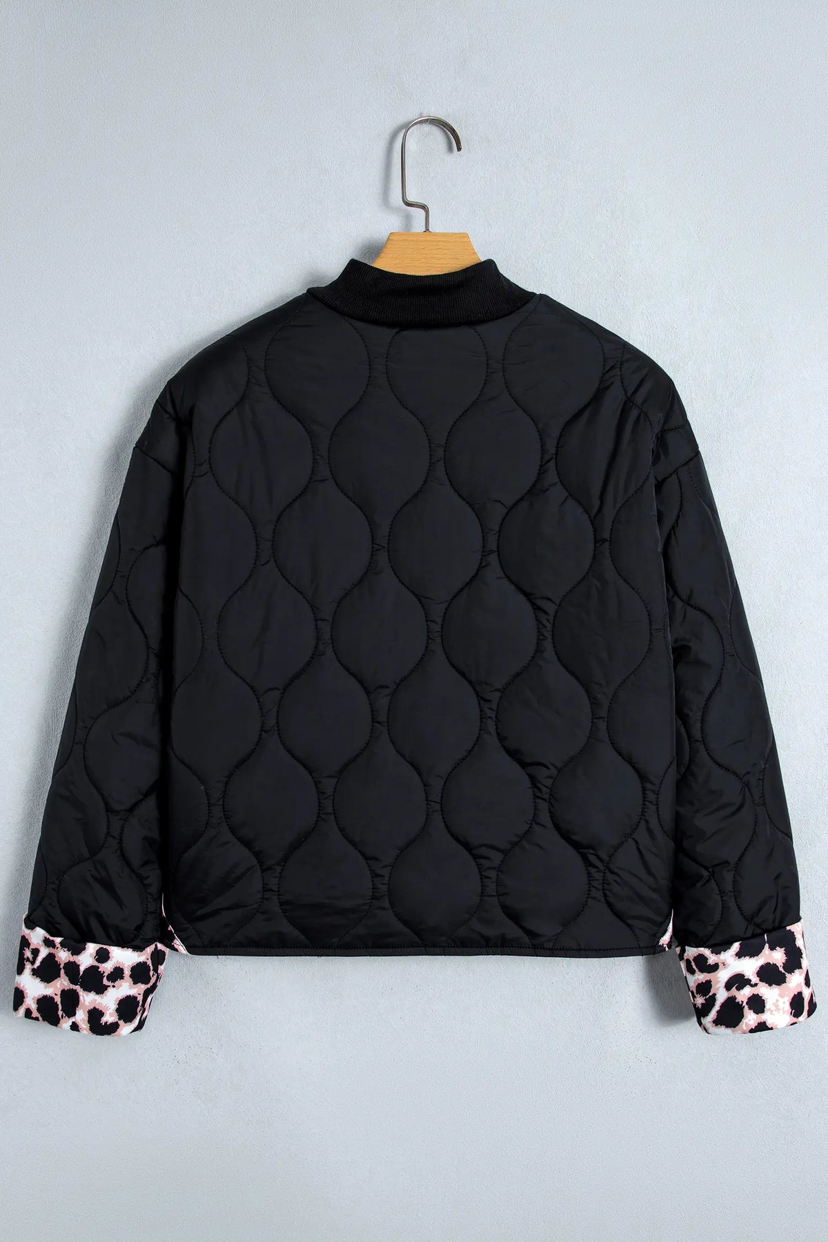 Black Retro Quilted Leopard Cuff Button Down Puffer Jacket