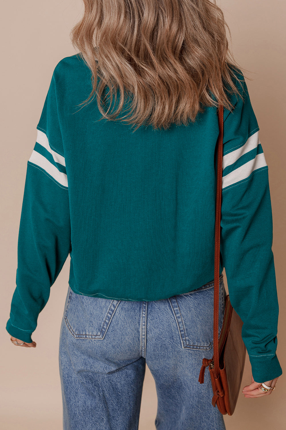 Green Contrast Striped Patchwork Round Neck Drop Shoulder Sweatshirt - eAura