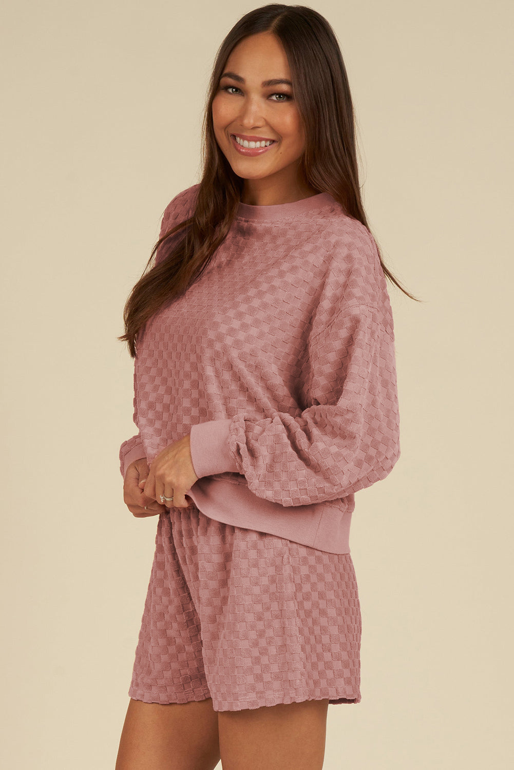 Blossom Checkered Textured Long Sleeve Top and Shorts Set eAura