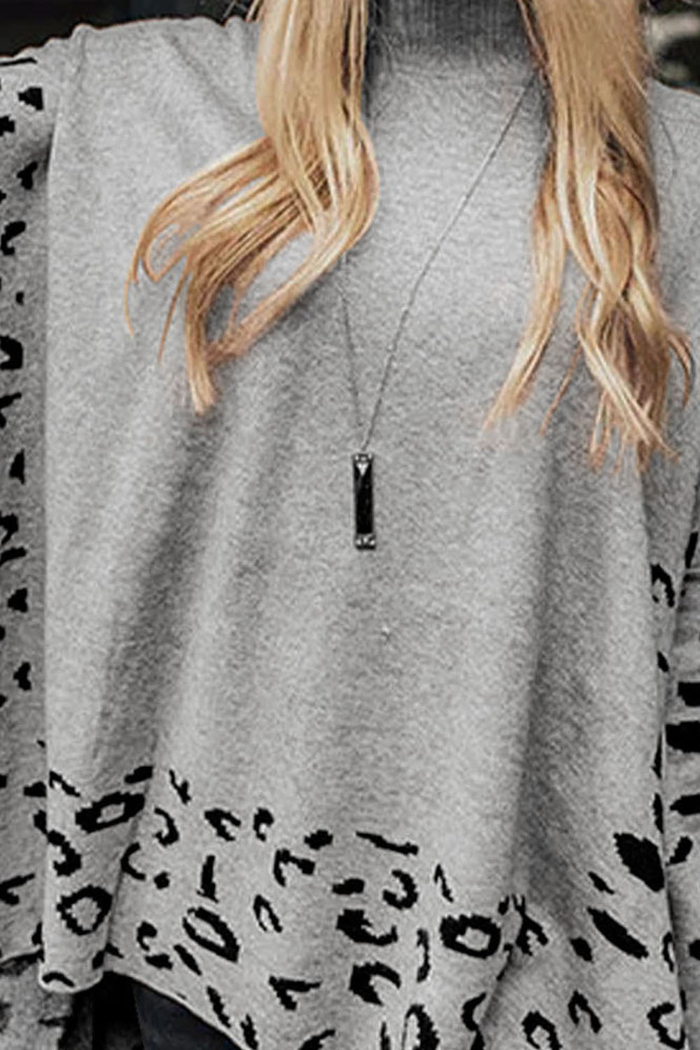 Grey Leopard High Neck Side Slit Oversized Sweater eAura