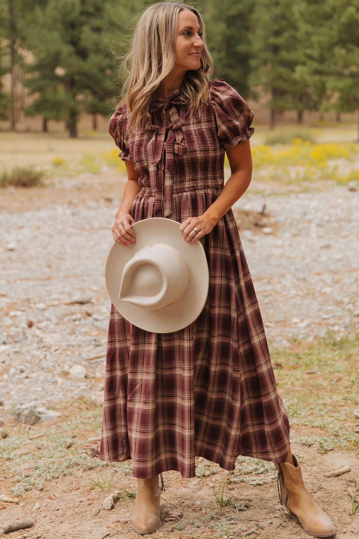 Vintage Plaid Knot Front Smocked High Waist Midi Dress – Red