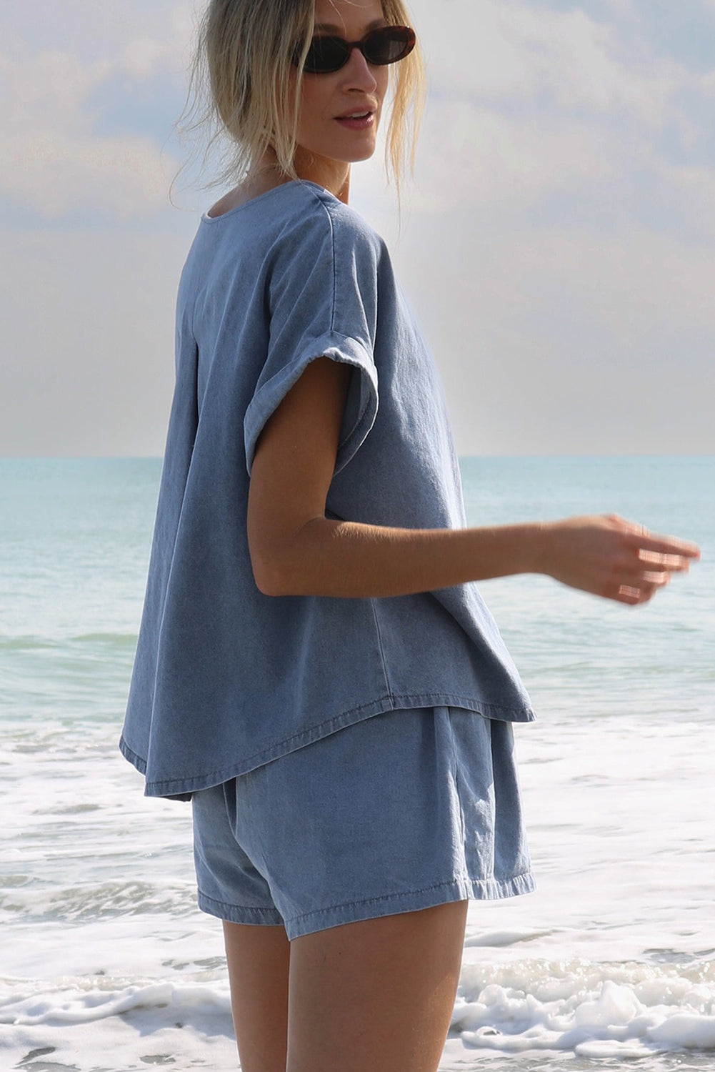 Light Blue Denim Cuffed Sleeve Tee Elastic Shorts Set eAura