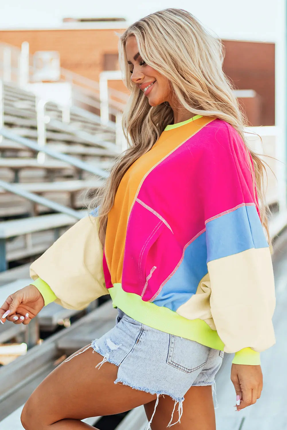 Grapefruit Orange Colourblock Patchwork Exposed Stitching Oversize Top - Sweaters & Cardigans/Sweaters