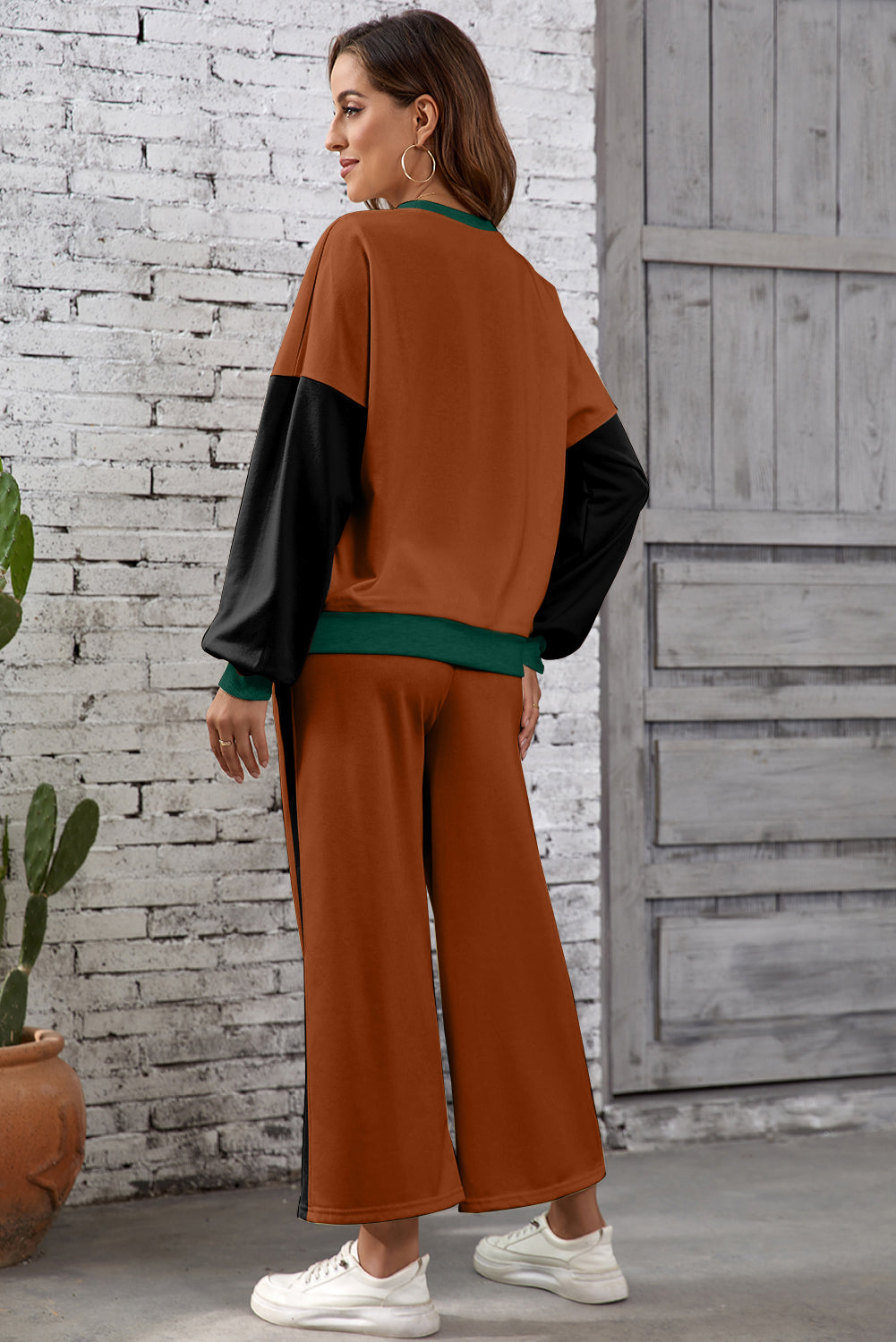 Chestnut 2pcs Color Block Pullover Loose Pant Set Dear-Lover Dropshipping