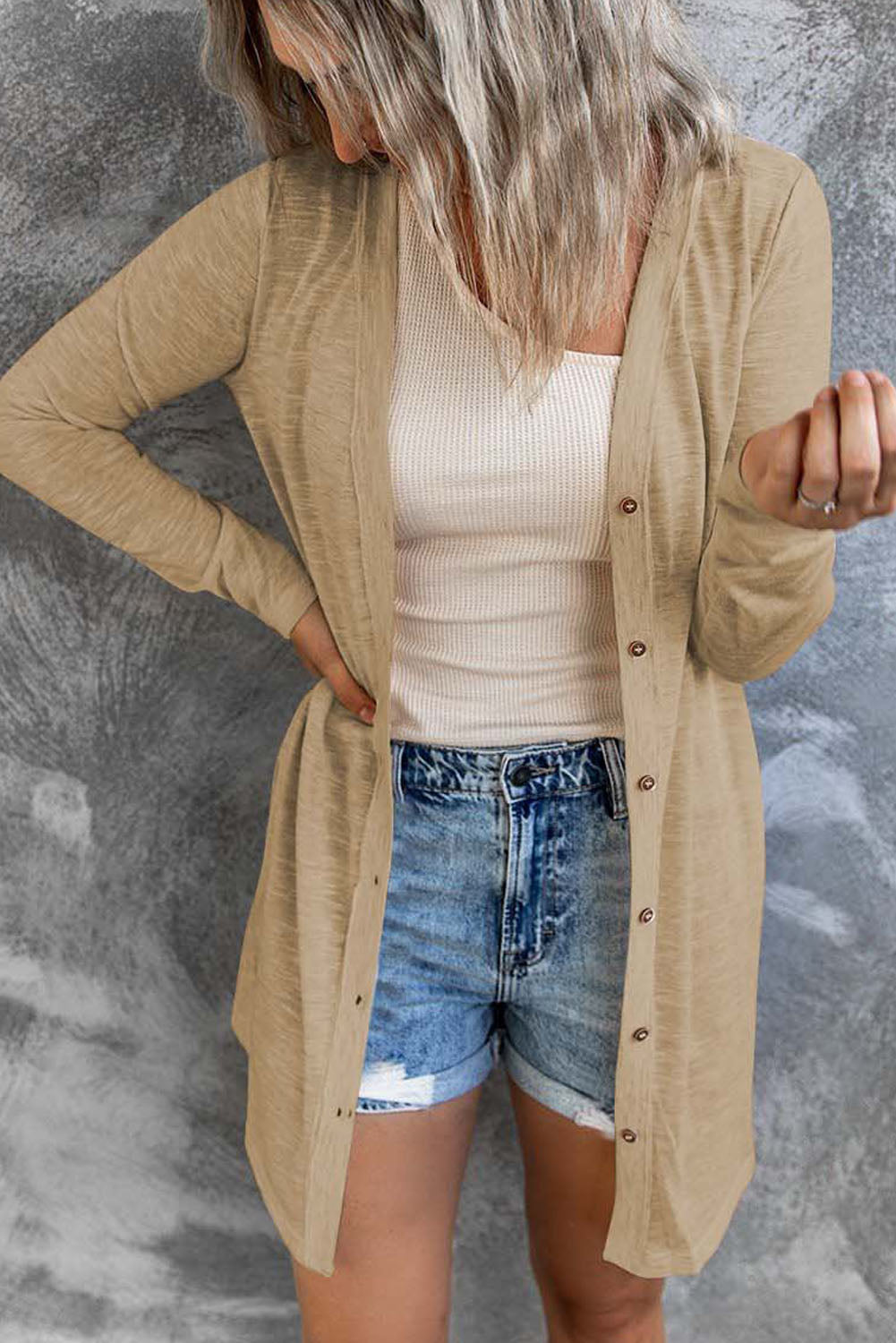White Solid Colour Open-Front Buttons Cardigan eAura