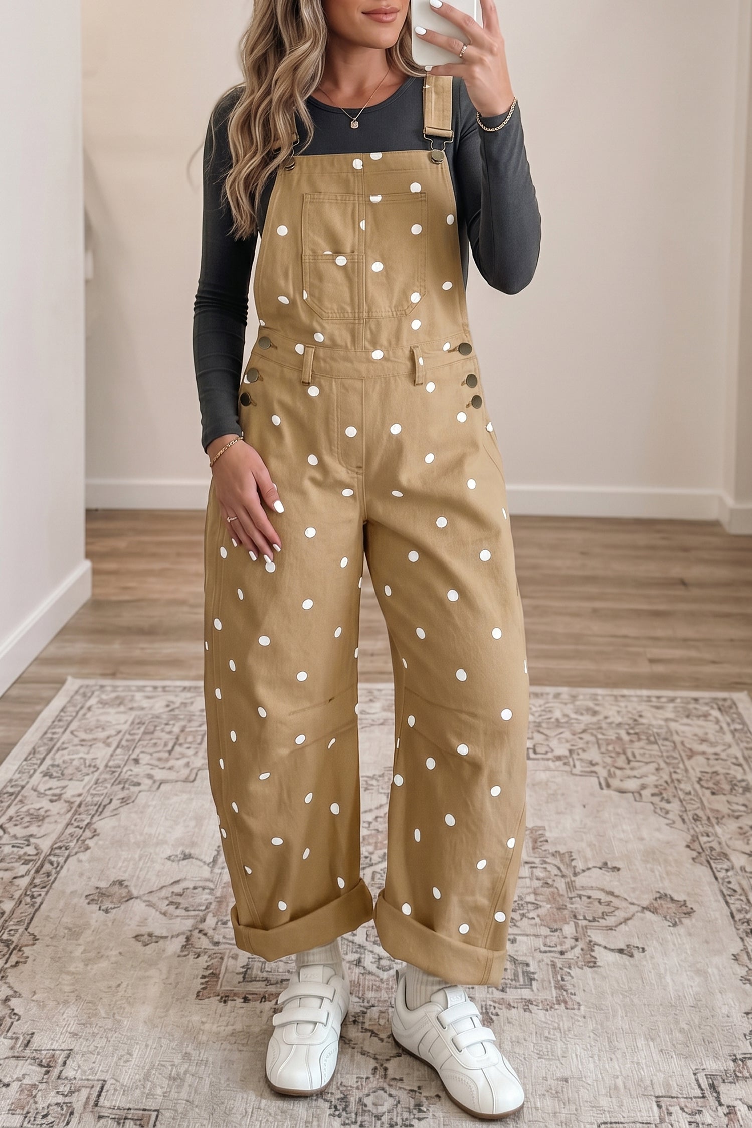 Polka Dot Print Bib Pocket Denim Barrel Overalls