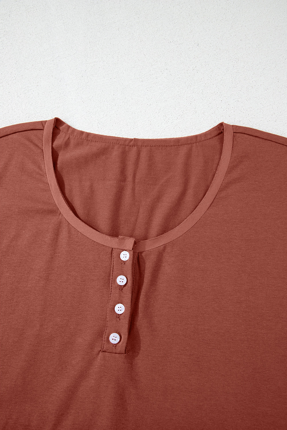 Chestnut Short Sleeve U Neck Buttons Splicing Ruffle Blouse eAura