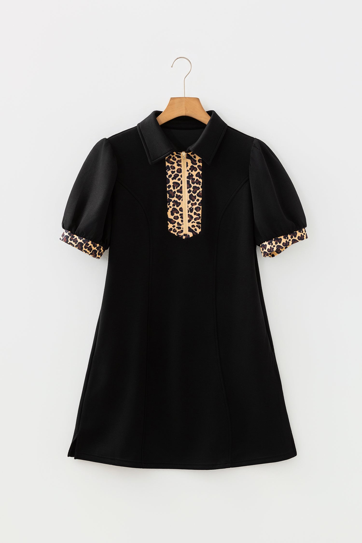 Leopard Patchwork Zip Collared Short Puff Sleeve Shift Mini Dress - eAura