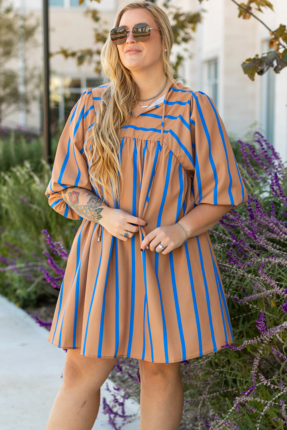 Khaki Stripe Contrast Striped Print 3/4 Sleeve Babydoll Plus Size Dress BB Fashion Outlet