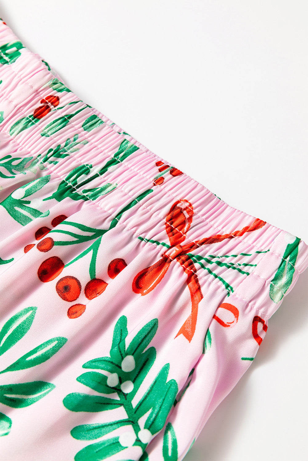 Pink Christmas Berries Print Satin Long Sleeve Pyjama Set eAura