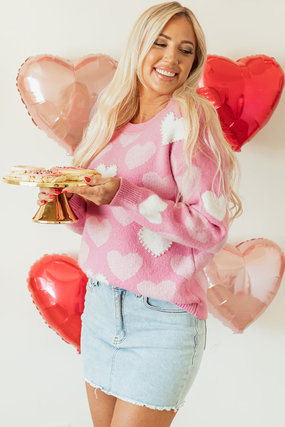 Pink Pearled Heart Print Valentines Crew Neck Sweater eAura