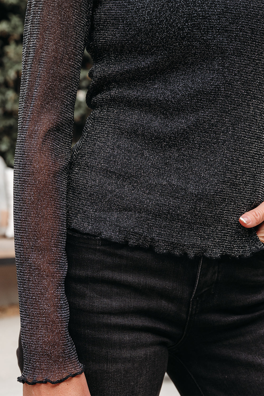 Black Metallic Glitter Mesh Long Sleeve Top - eAura