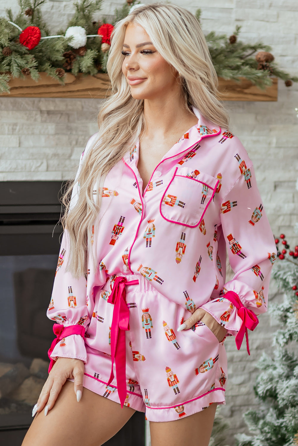 Nutcracker Print Contrast Trim Tied up Bow Silky 2pcs Pajama Set - eAura