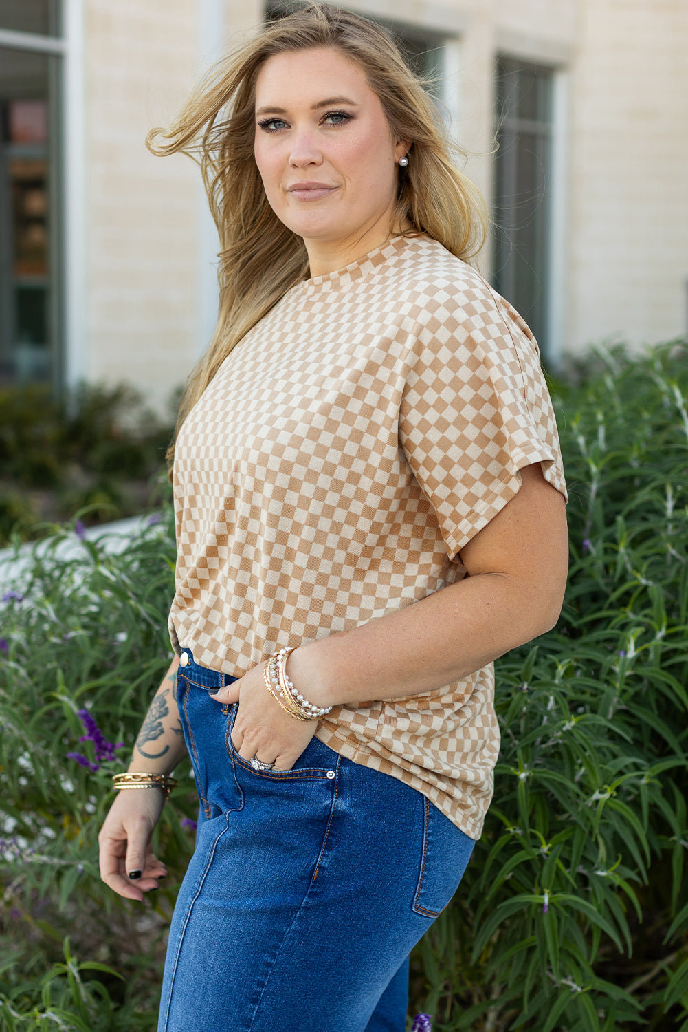 Khaki Checkerboard Short Batwing Sleeve Round Neck Plus Size T Shirt BB Fashion Outlet