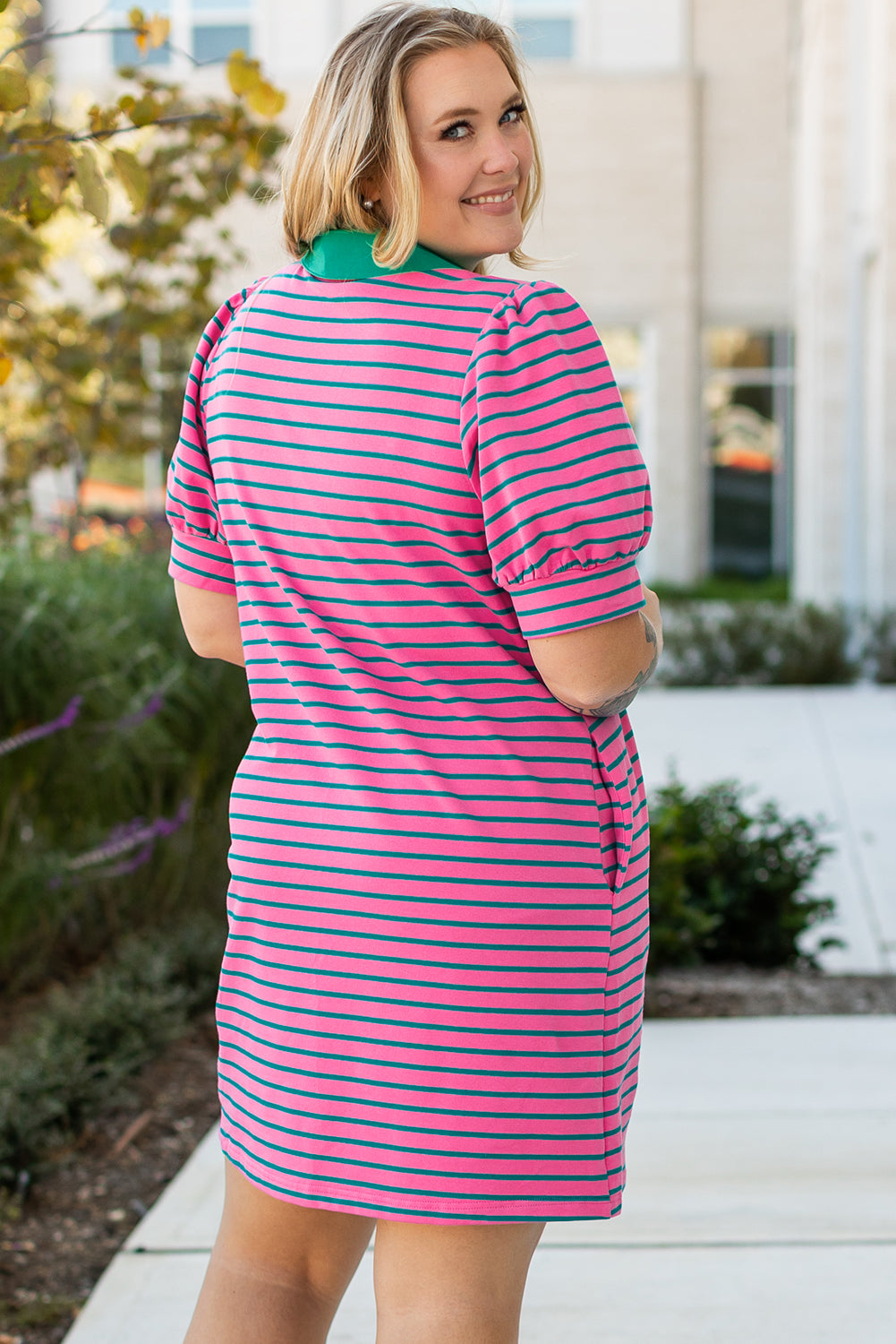 Rose Stripe Collared V Neck Puff Sleeve Shift T Shirt Dress with Pockets BB Fashion Outlet