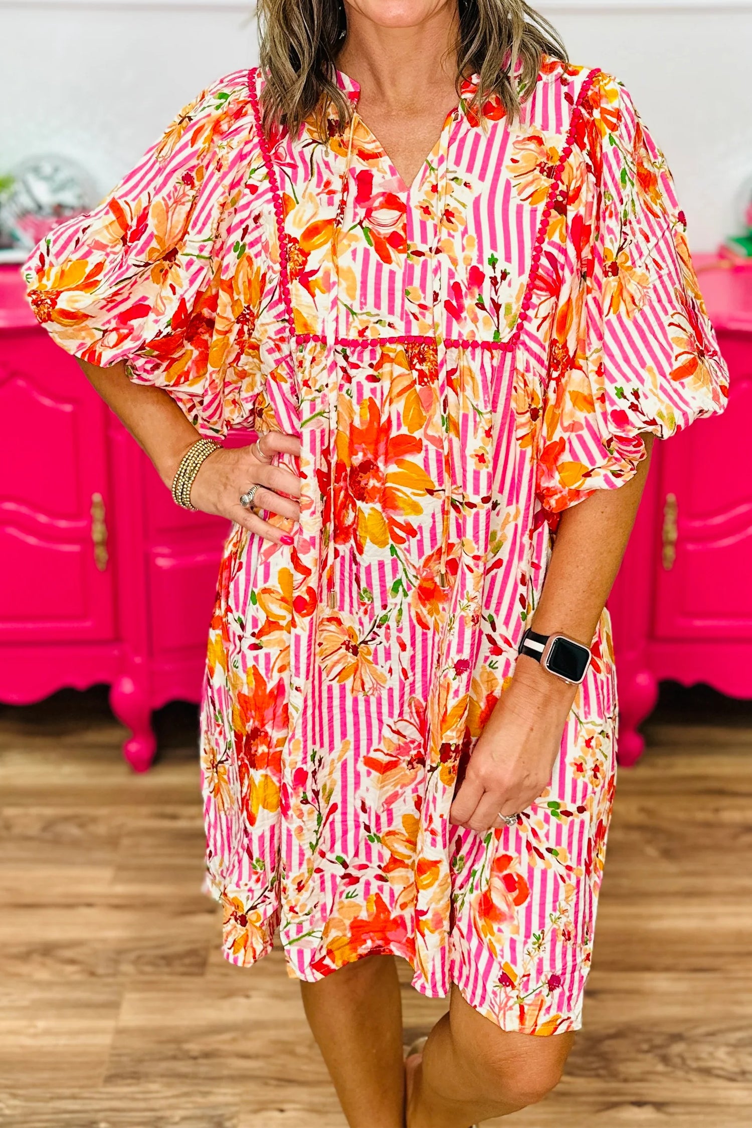Striped Floral Print Tie Neck Puff Sleeve Loose Mini Dress