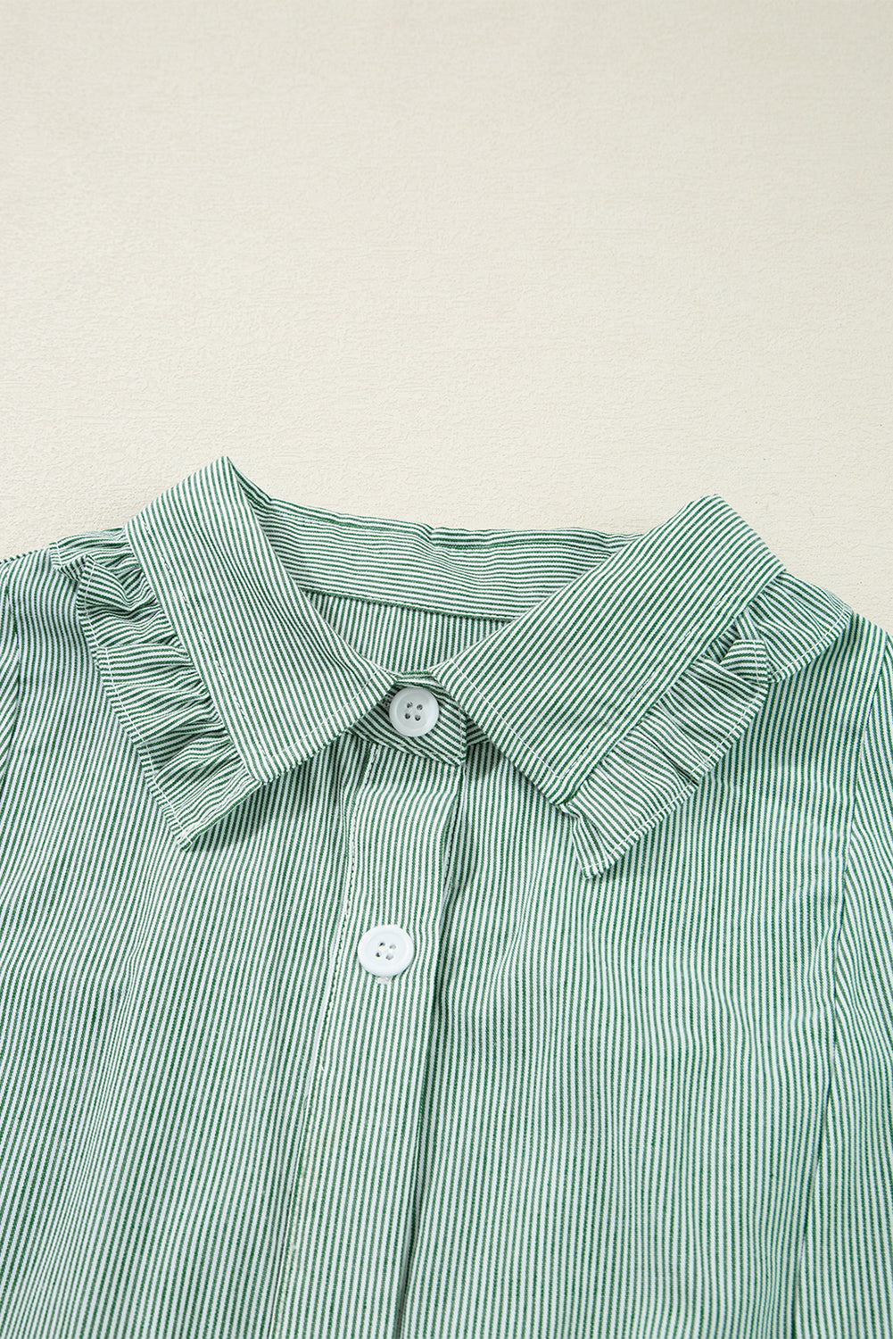 Green Stripe Frilled Sleeveless Collar Front Pocket Button Up Mini Dress eAura