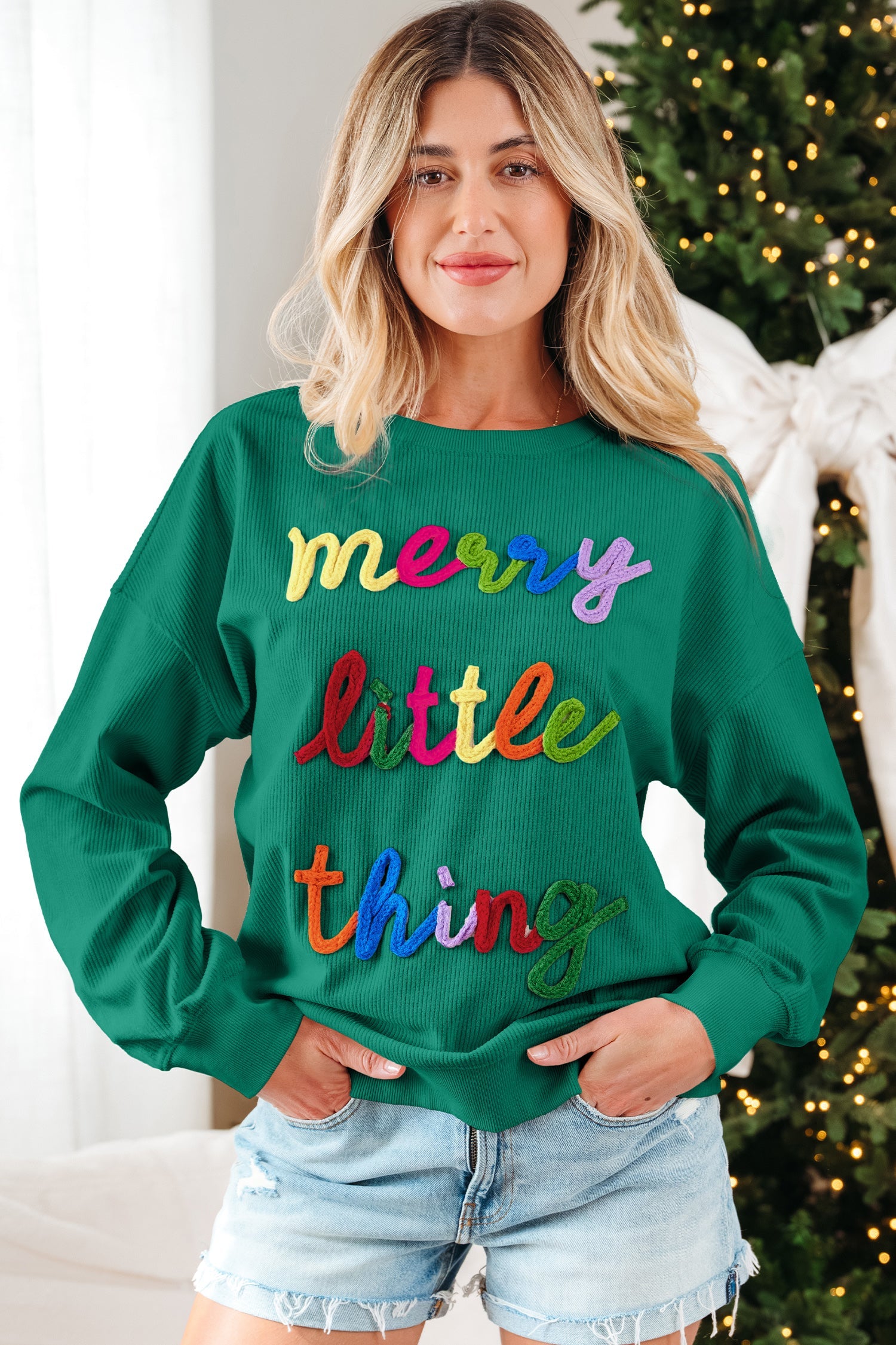 Merry Little Thing Corded Letter Graphic Ribbed Loose Sweatshirt - Green / S - Tops/Sweatshirts & Hoodies