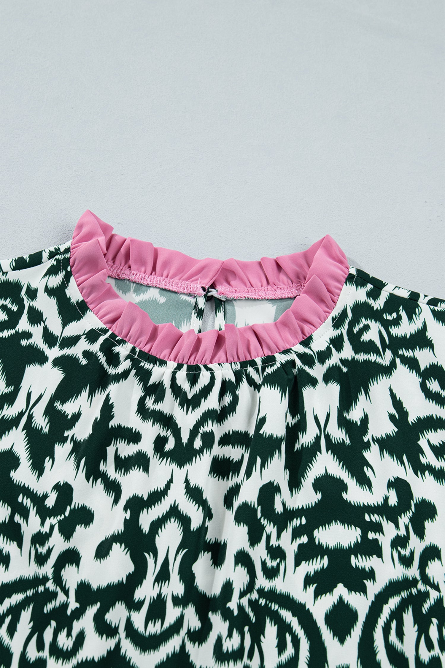 Damask Print Ruffle Colour Block Puff Sleeve Blouse