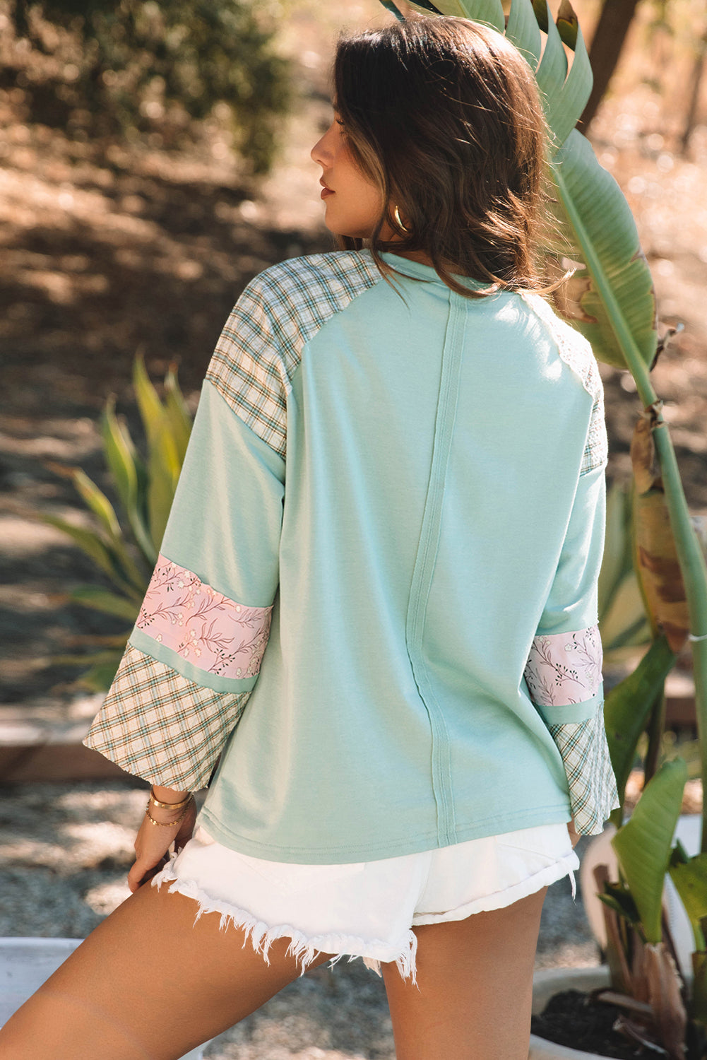 Clearly Aqua Plaid Floral Peace Heart Graphic Wide Long Sleeve Top Beagle Boutique Fashion Outlet
