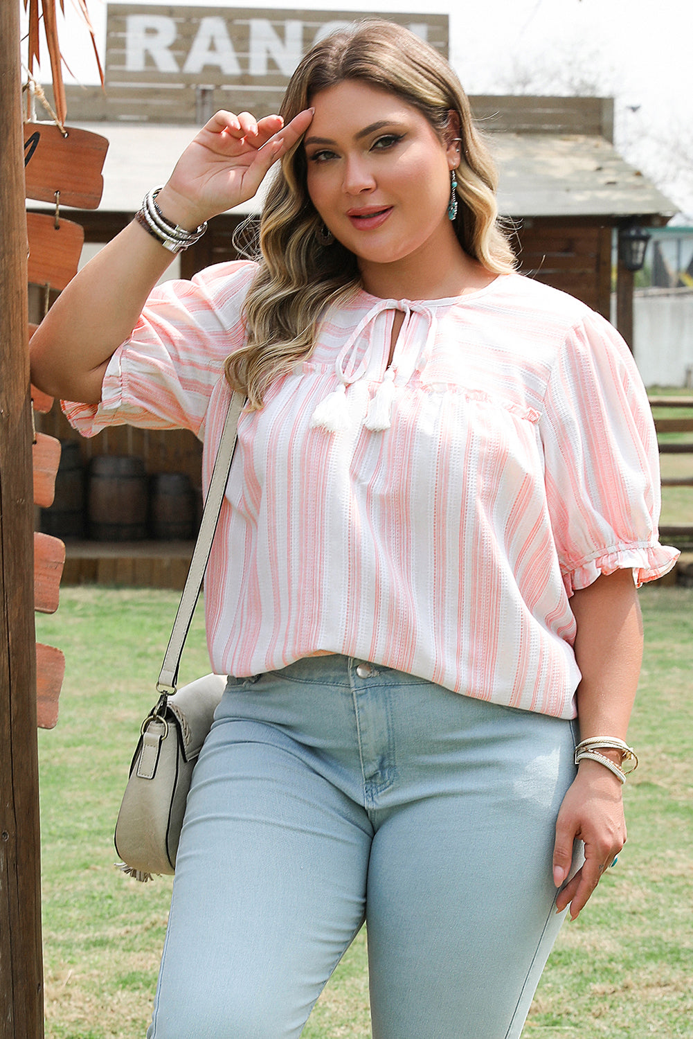 Pink Stripe Plus Size Tassel Tie Frilled Detail Short Sleeve Blouse BB Fashion Outlet