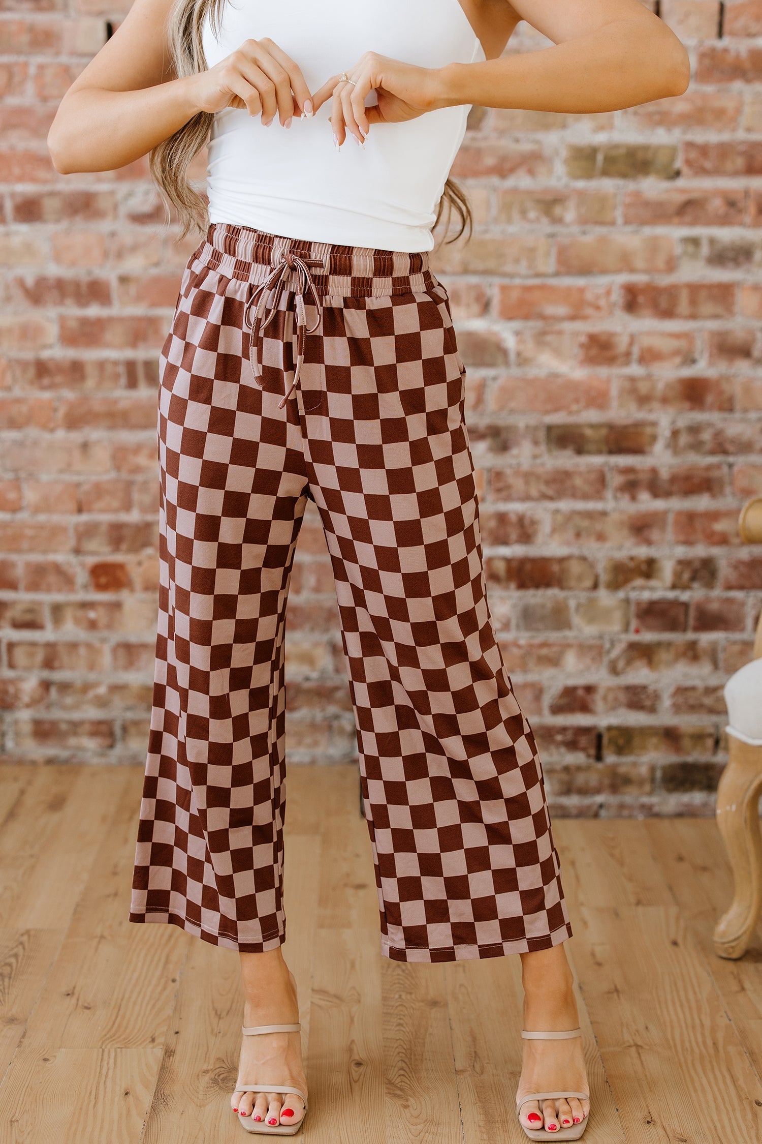 Checkered Elastic High Waist Loose Casual Trousers - eAura