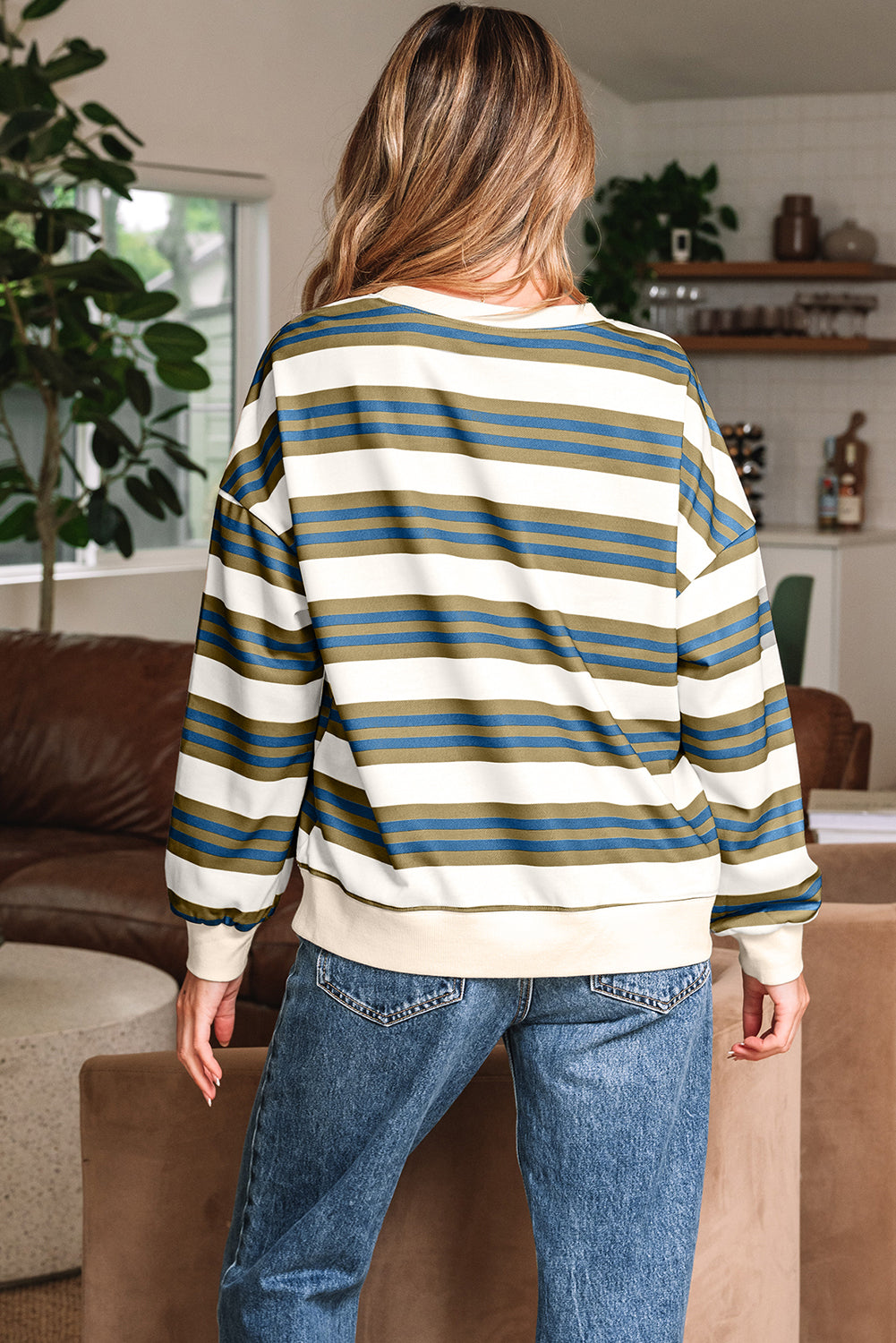 Stripe Crew Neck Drop Shoulder Pullover Sweatshirt - eAura