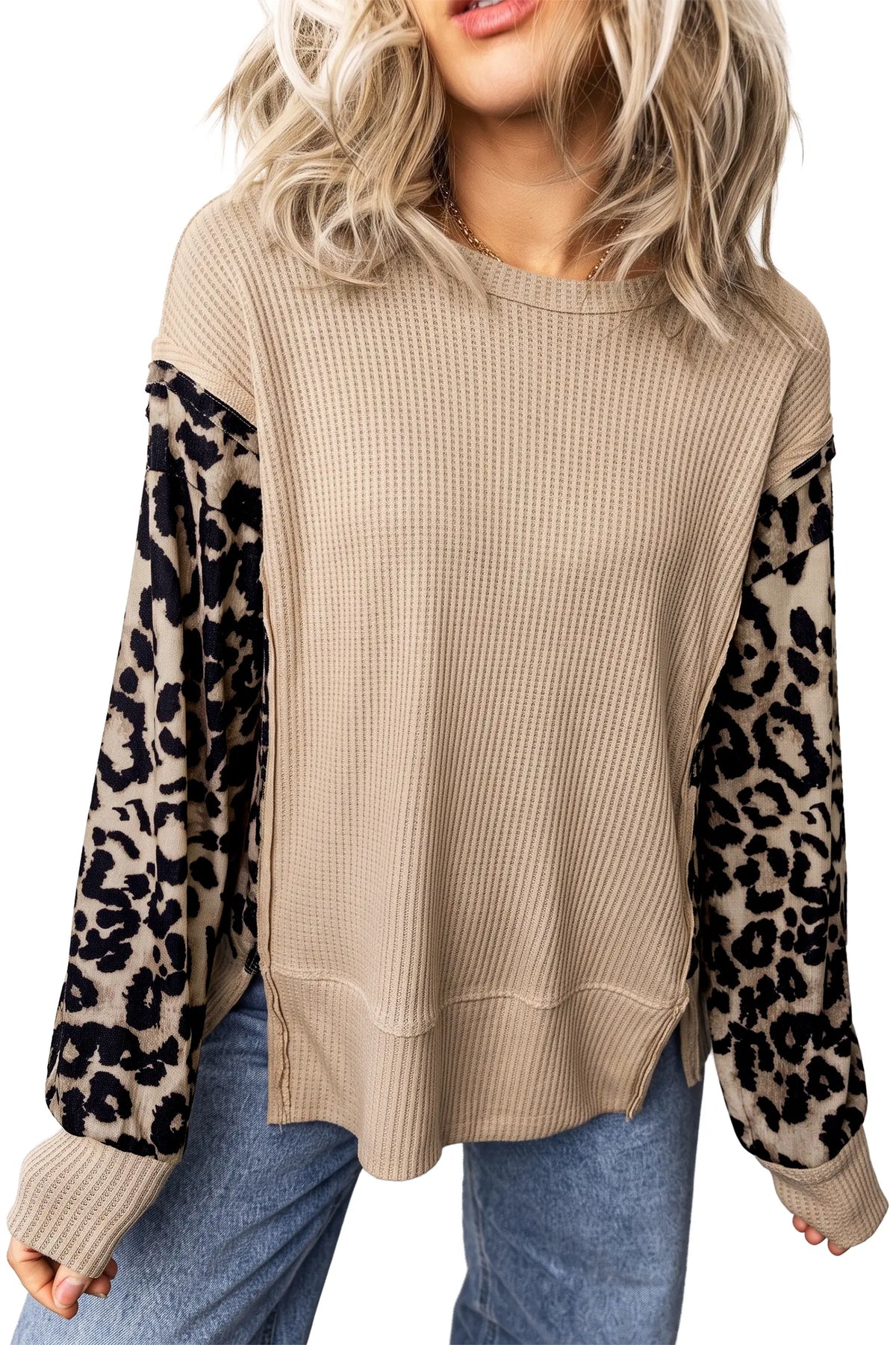 Leopard Sleeve Waffle Knit Split Hem Top – Grey Morn
