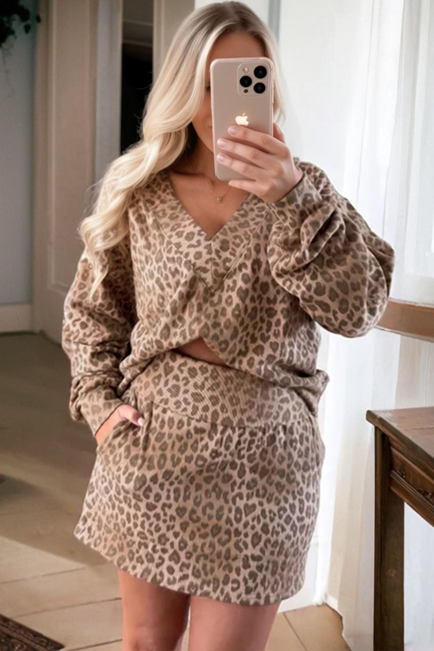 Leopard Print V-Neck Pullover Mini Skirt Co-ord Set - eAura
